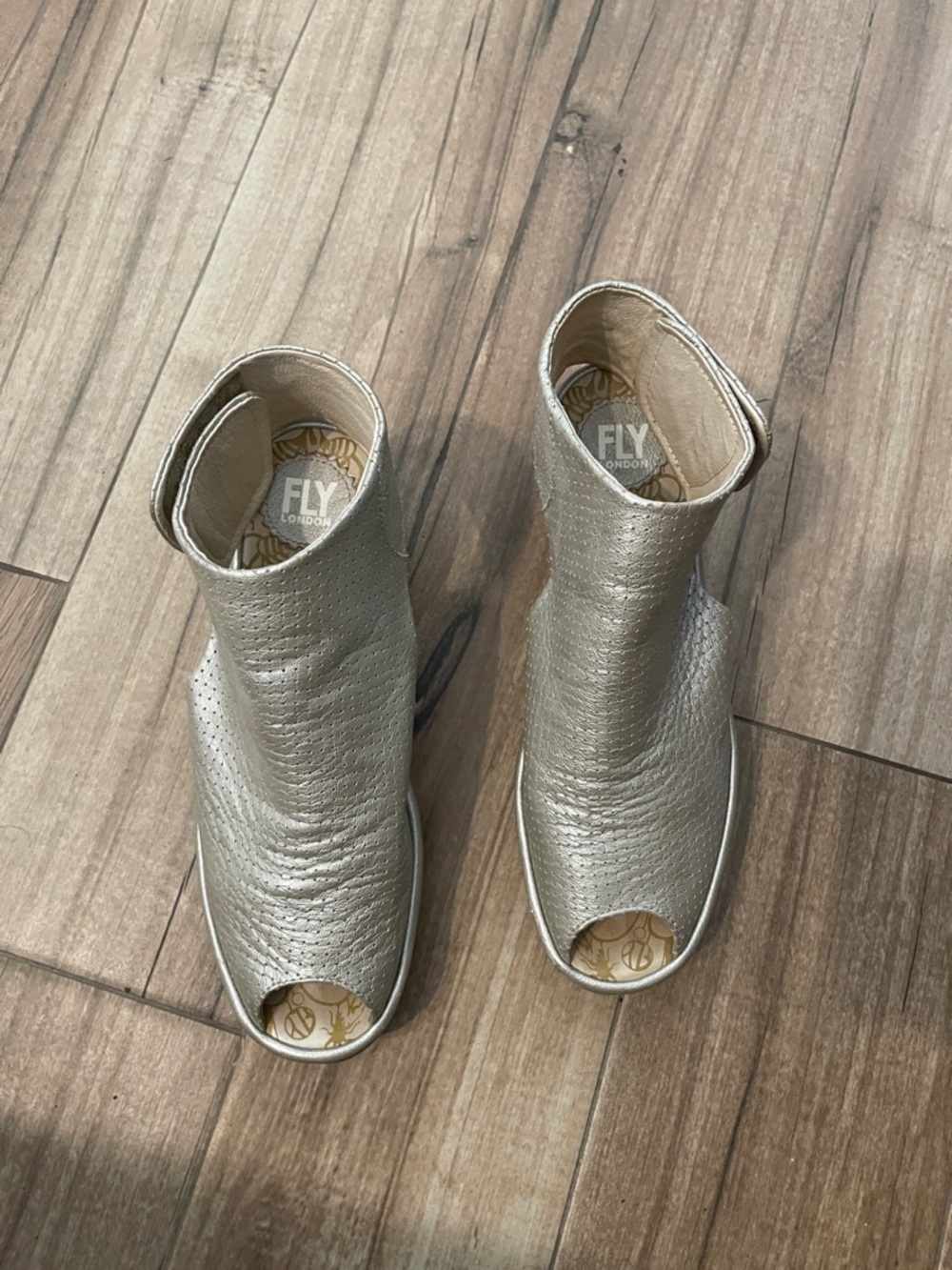 Fly London Peep Toe Silver Sandals - Picture 3 of 9